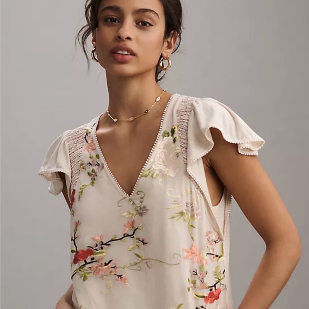 Maeve Cream Floral Embroidered V-Neck Flutter Sleeve Blouse